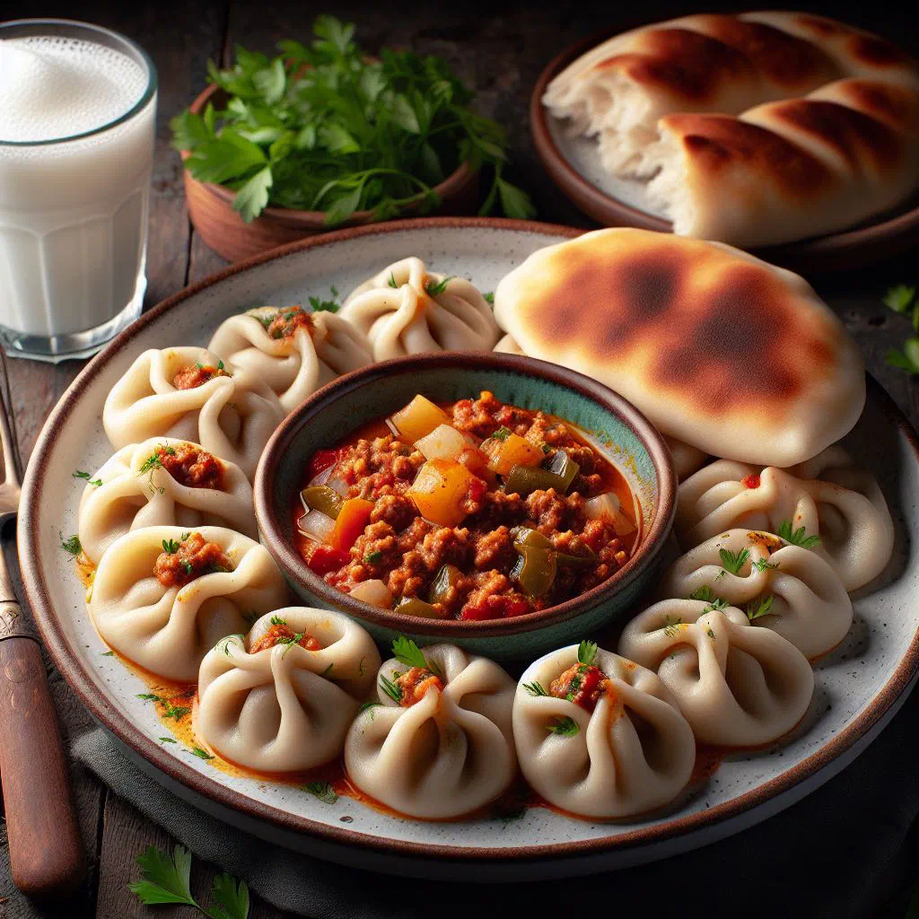 Steamed Uzbek manti dumplings served with yoghurt and herbs