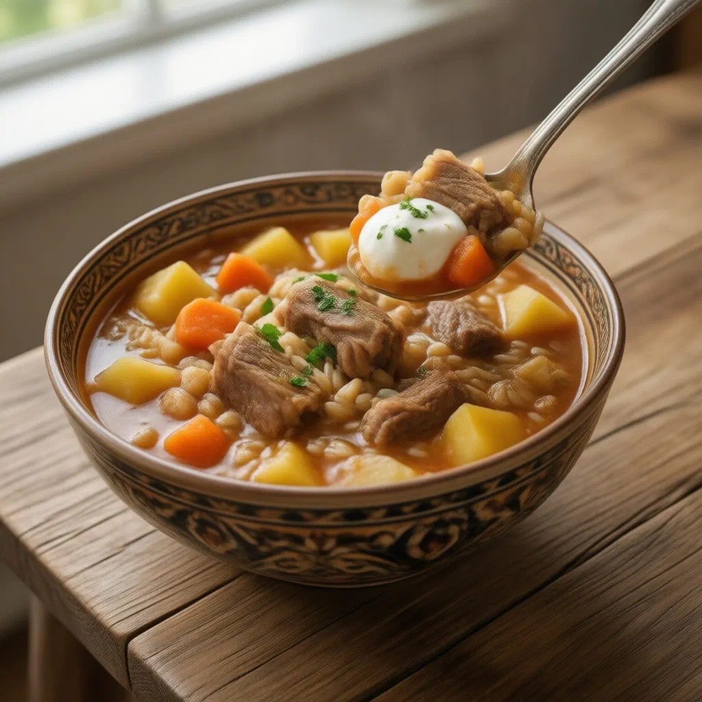 Bowl of Uzbek mastava rice soup with meat, carrots and fresh herbs