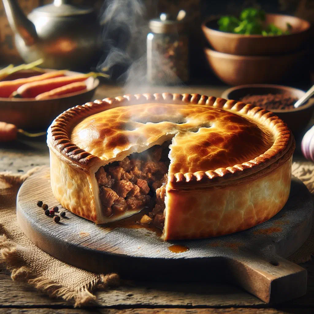 Golden baked Uzbek meat pie with a crisp pastry crust, sliced open