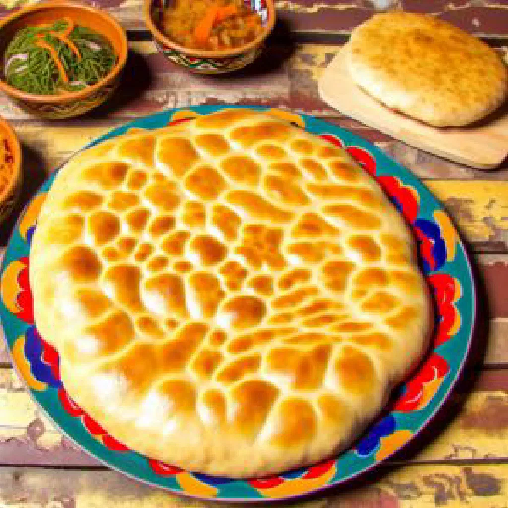 Uzbek patir with rice, tender meat and carrot strips in a shallow bowl