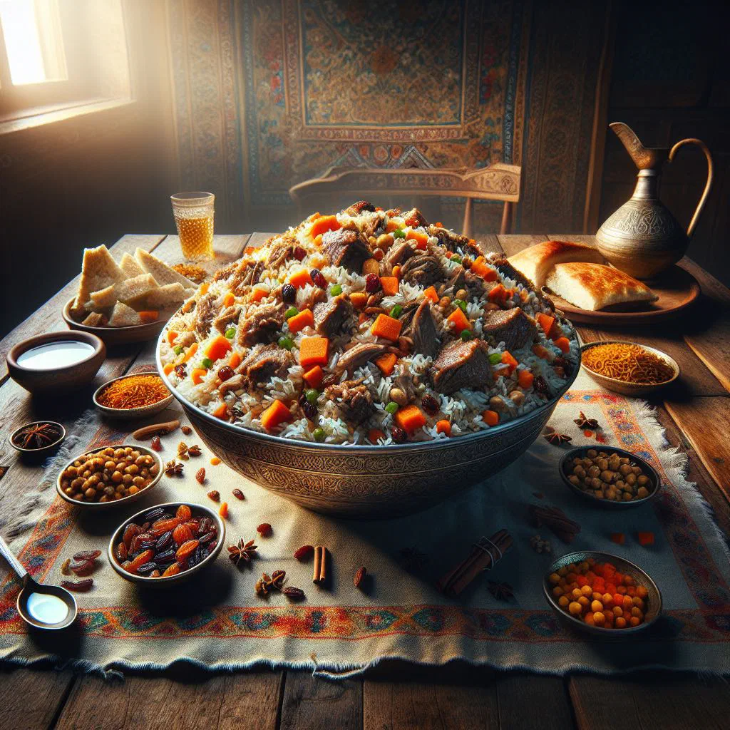 Uzbek plov with lamb, carrot strips and fluffy rice in a large dish