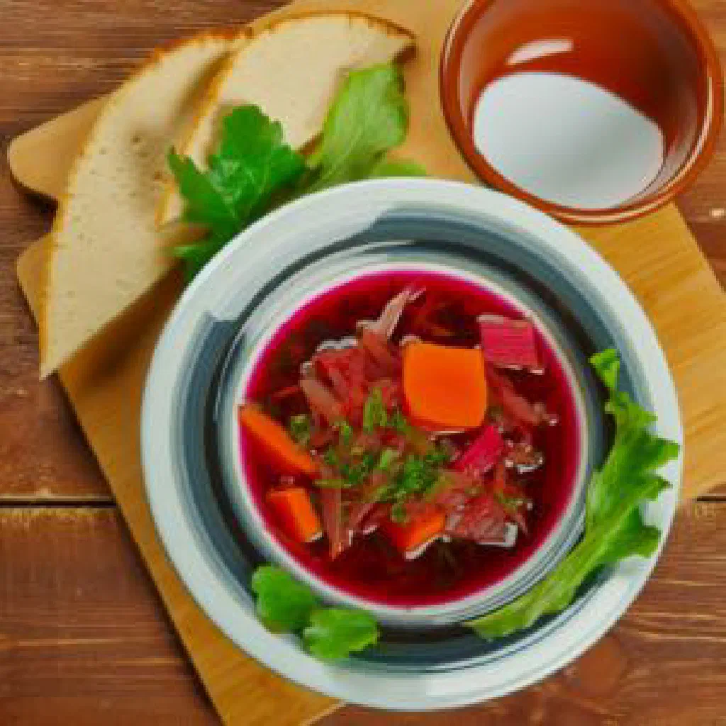 Deep red beetroot soup shalgam in a bowl garnished with fresh dill