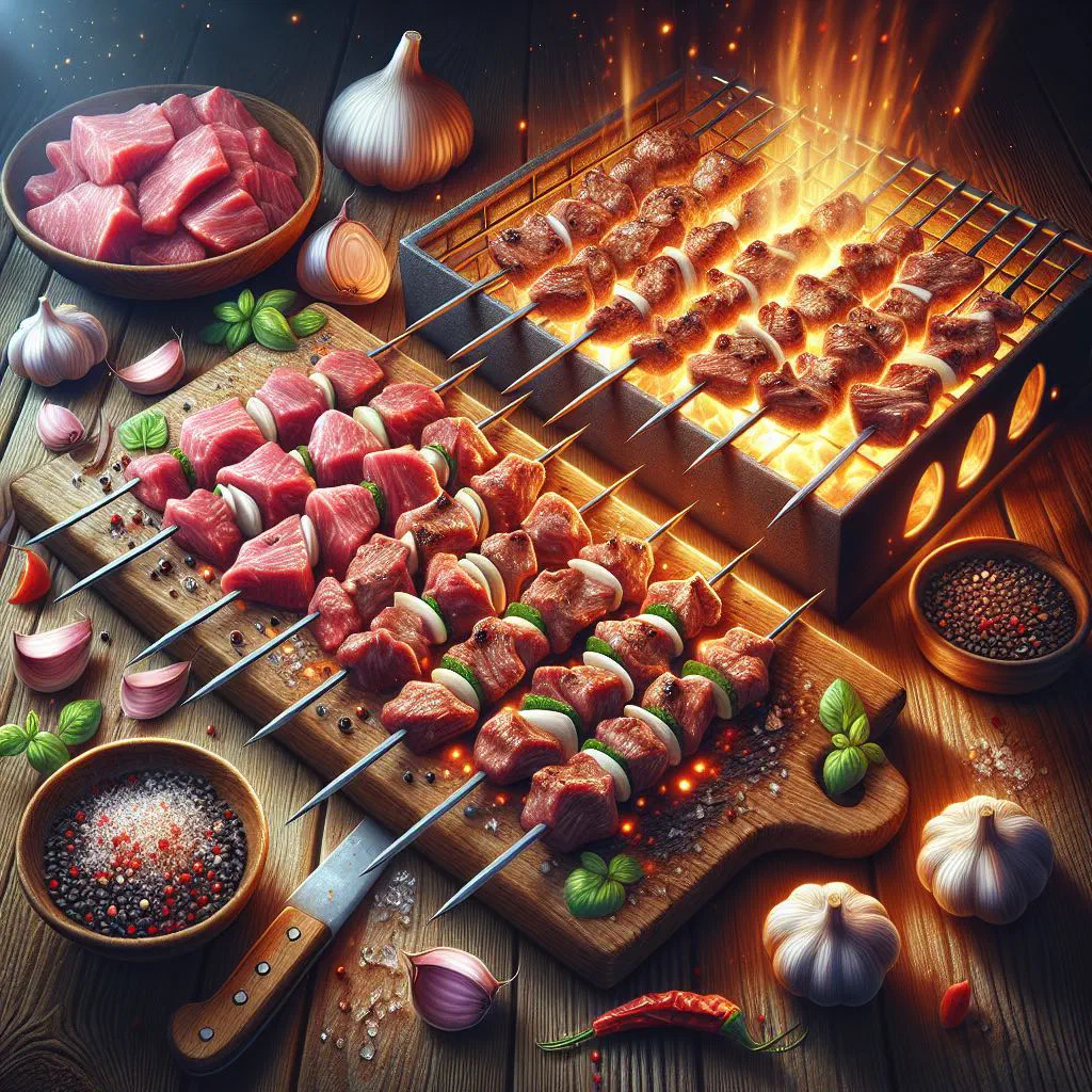 Grilled shashlik skewers with lamb and onion rings on a platter