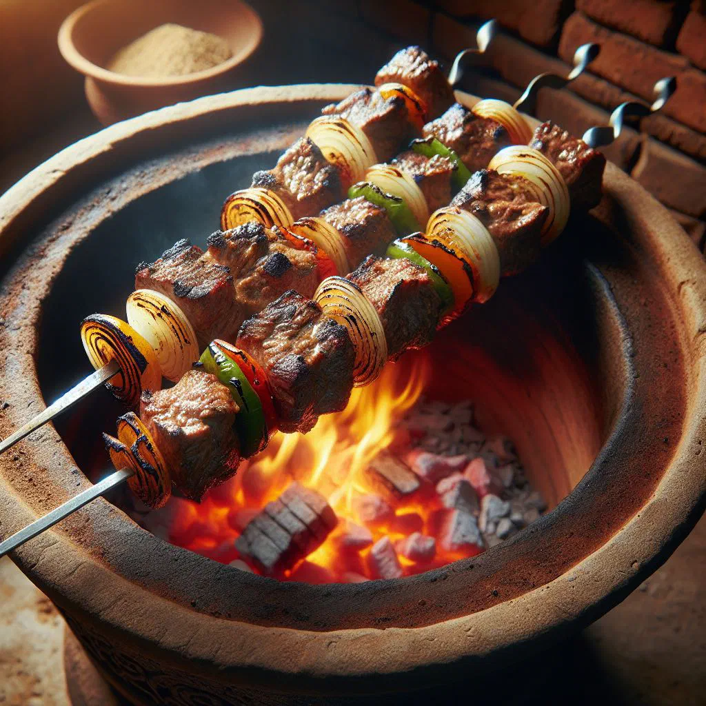 Skewers of marinated tandir kabob garnished with fresh herbs