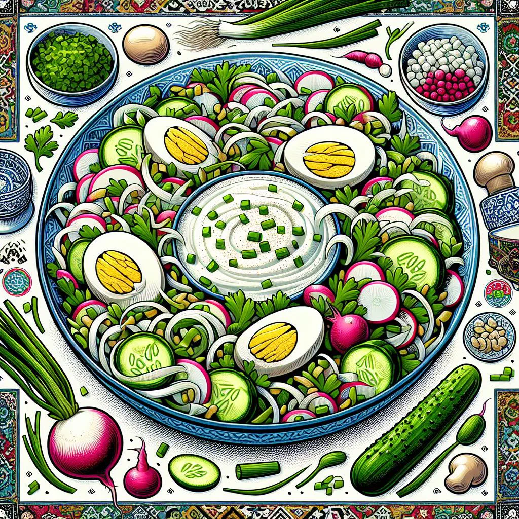 Tashkent salad with sliced beef, cucumber, tomato and fresh herbs