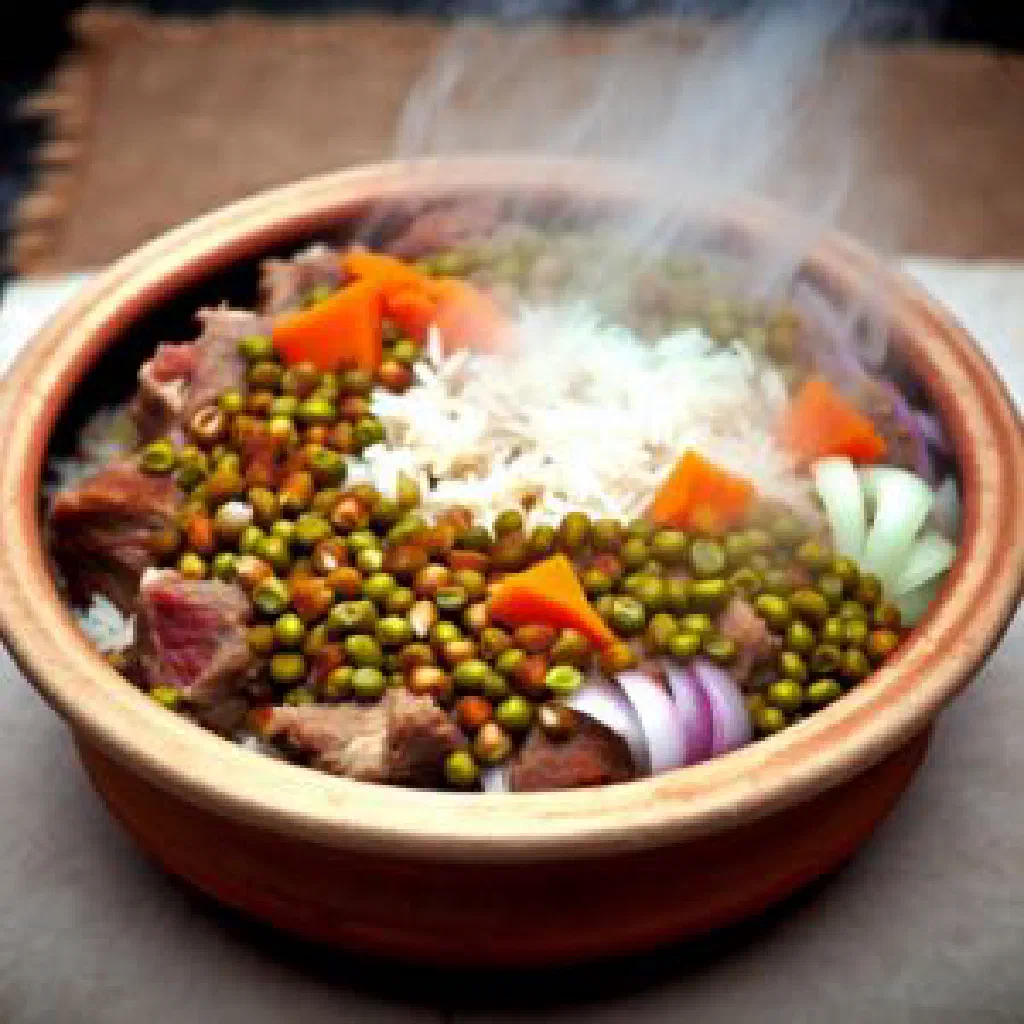 Tokosh stew with tender meat, carrots and potatoes in a deep bowl