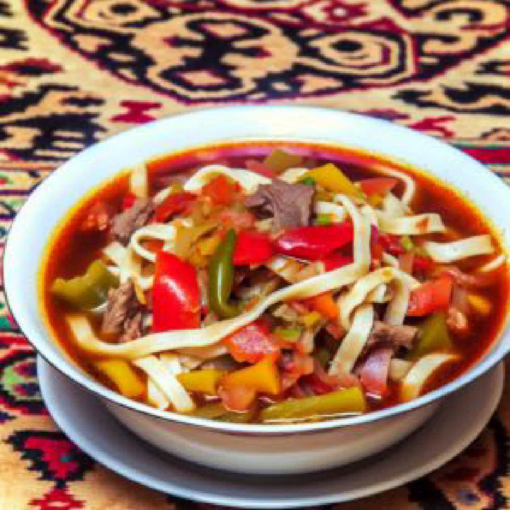 Bowl of ugro lagman with hand-cut noodles, beef and vegetables in broth