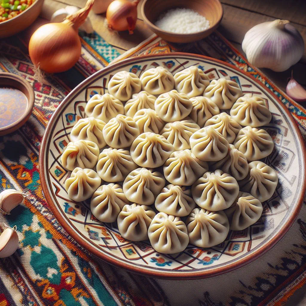Steamed Uzbek dumplings on a plate with yoghurt sauce and fresh herbs