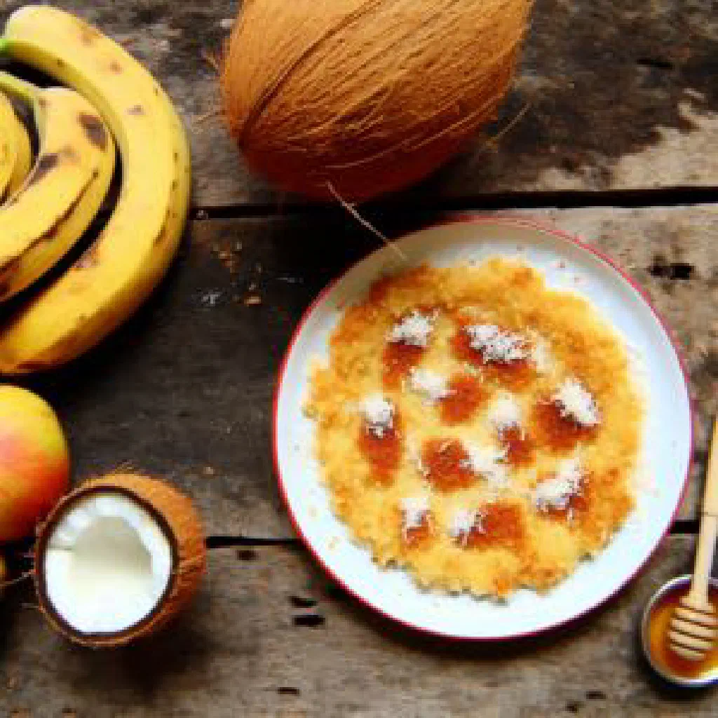 Sliced ripe bananas with fresh grated coconut in a bowl