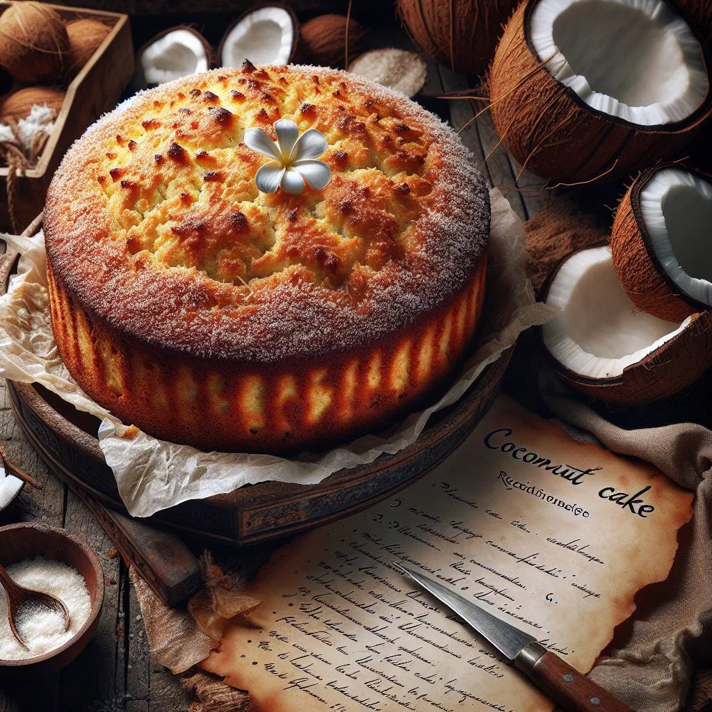 Golden coconut cake made with fresh grated coconut, sliced and served