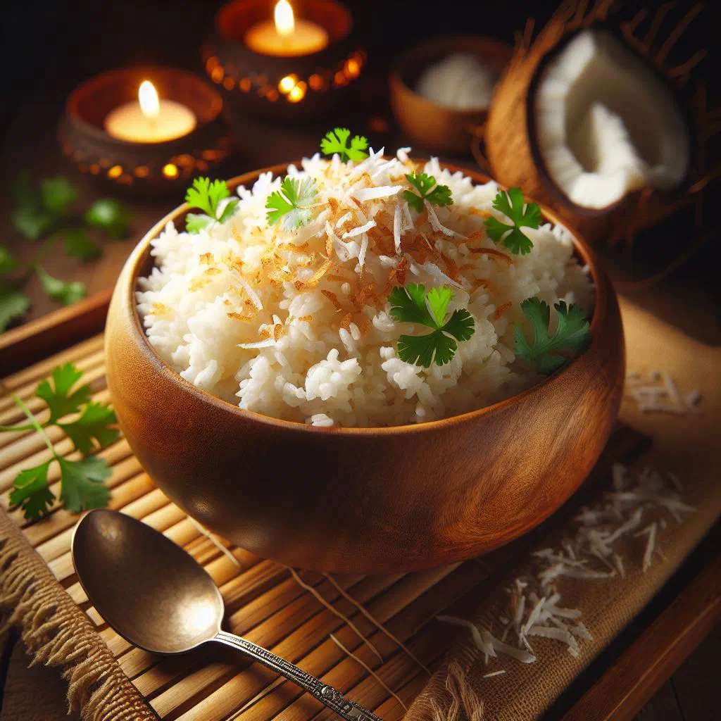 Fluffy coconut rice topped with freshly grated coconut