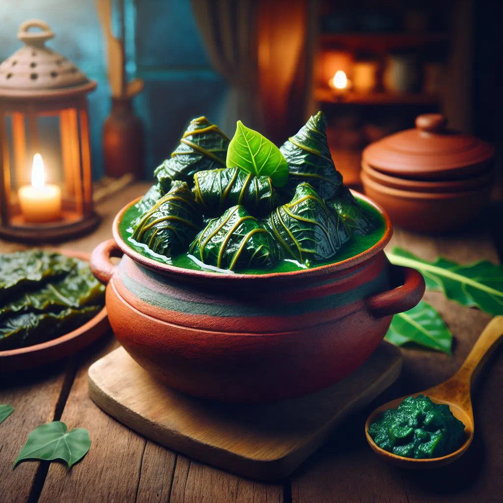 Curried taro leaves simmered in a creamy coconut curry sauce