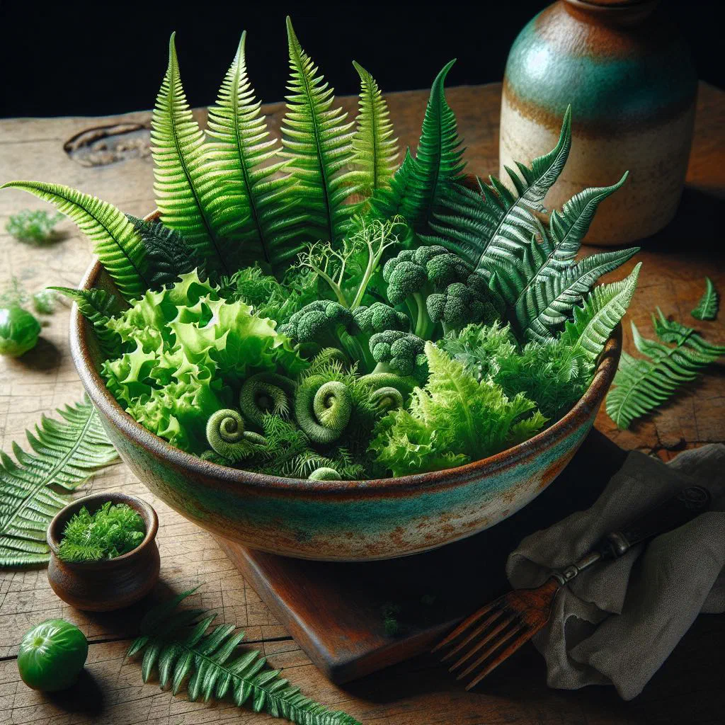 Fresh fern salad with tomato, onion and a zesty lime dressing