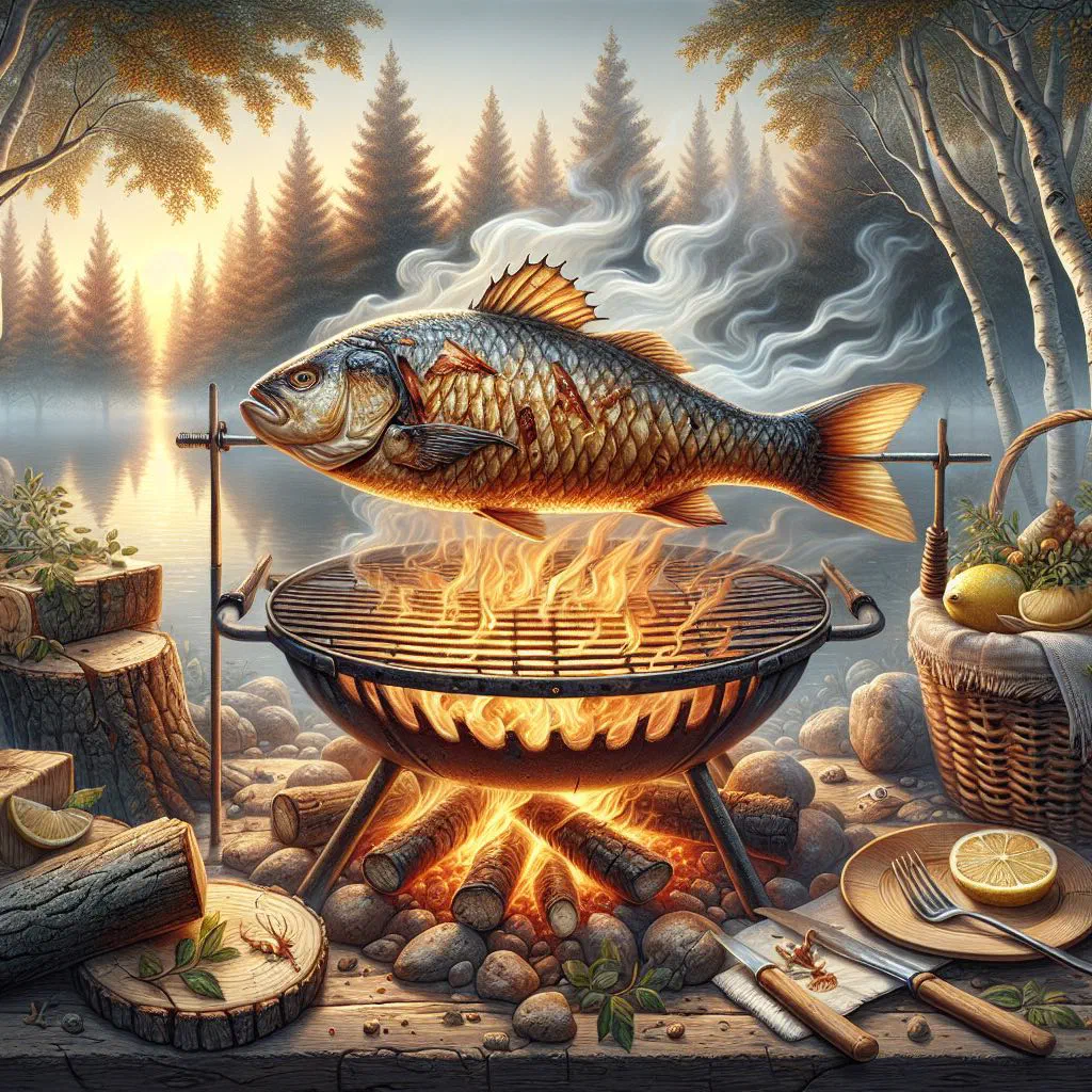 Whole fire-roasted fish garnished with fresh herbs and lime wedges
