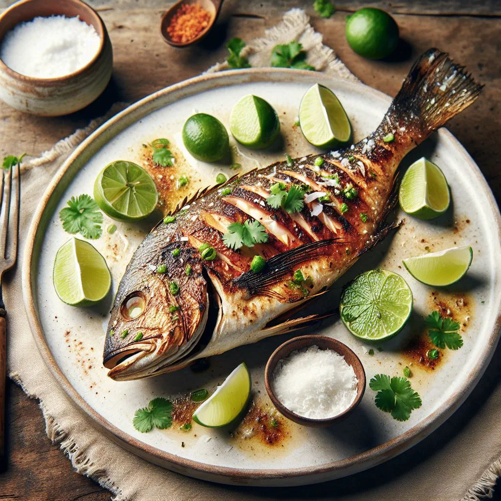 Grilled fish fillets topped with coconut sauce, lime and fresh coriander