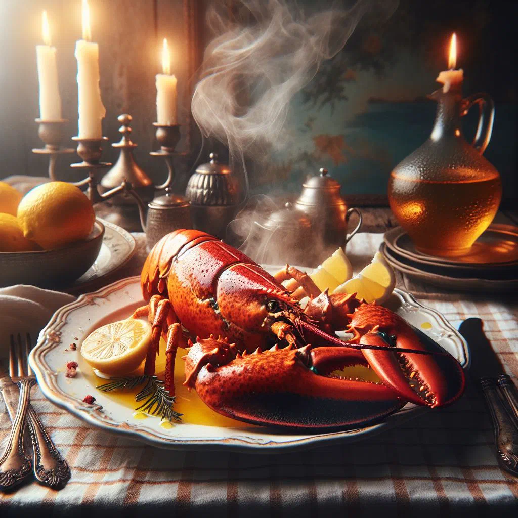 Grilled lobster halves garnished with fresh herbs and lemon