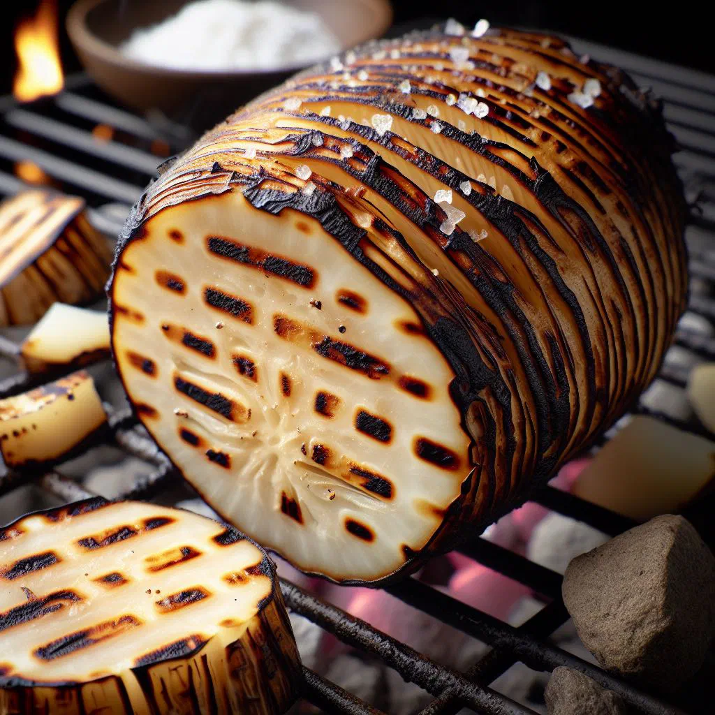 Golden grilled taro pieces on a plate with fresh herbs and dipping sauce
