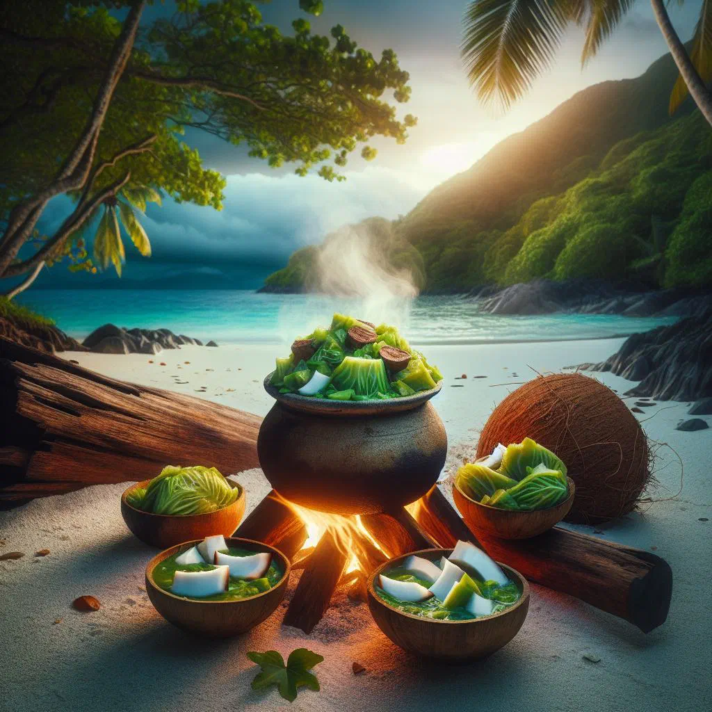 Bowl of island cabbage simmered in creamy coconut milk, garnished with fresh herbs