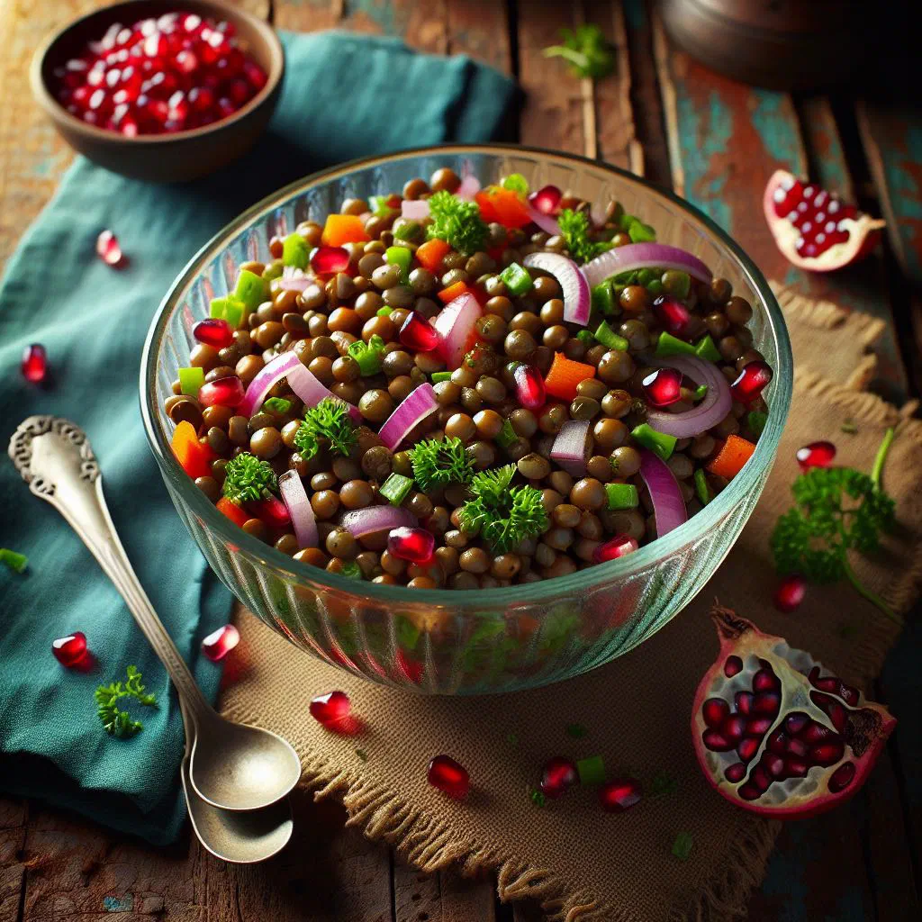 Fresh lentil salad with diced vegetables and herbs