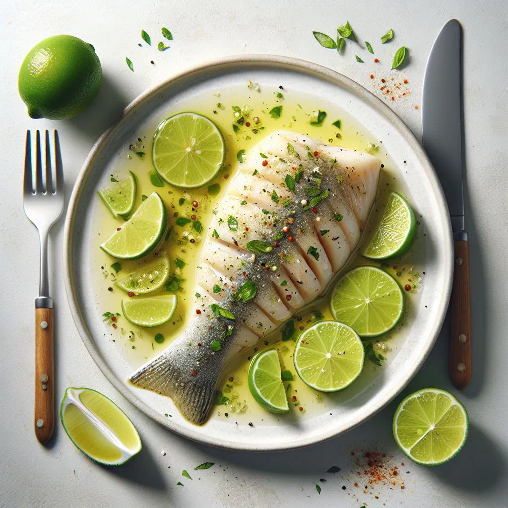 Lime-marinated fish garnished with fresh coriander and lime wedges