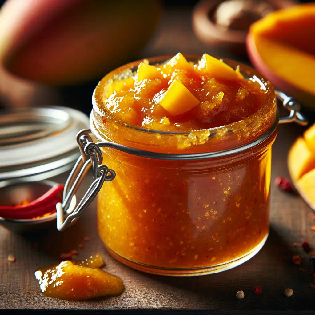 A jar of golden mango chutney with fresh mango slices
