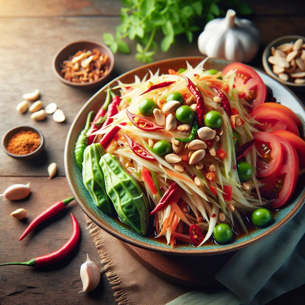 Fresh papaya salad with shredded carrot, red pepper and coriander