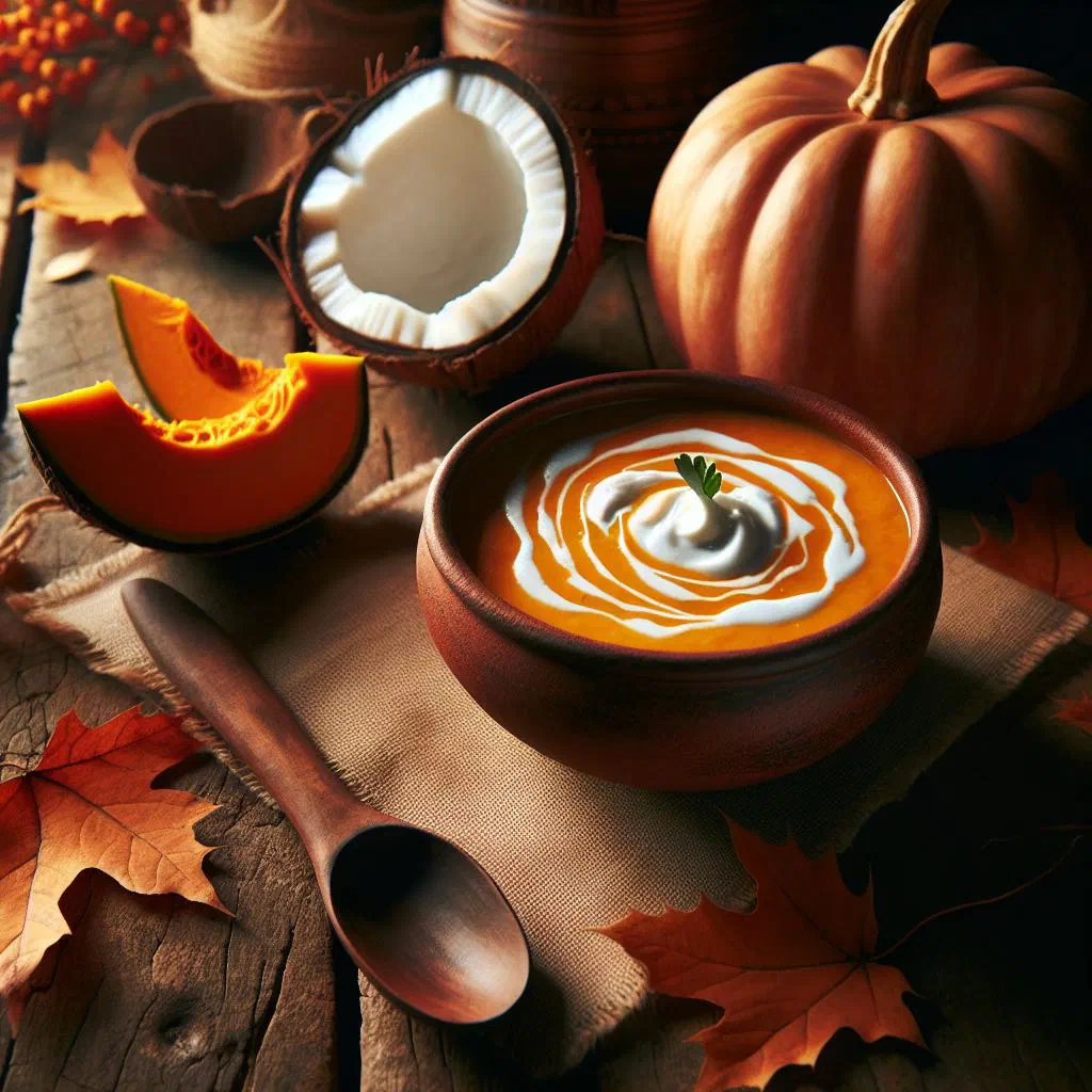 Creamy pumpkin and coconut soup garnished with fresh herbs
