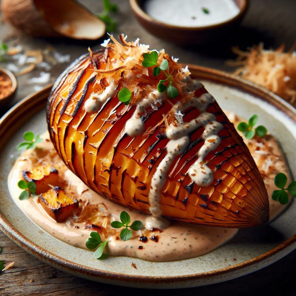 Roasted yam pieces coated in creamy coconut sauce, garnished with fresh coriander