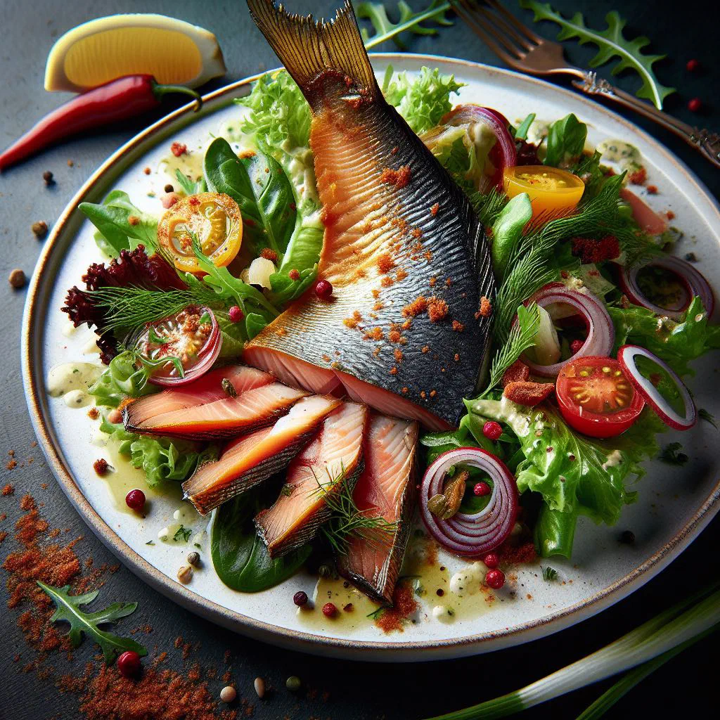 Smoked fish salad with tomato, cucumber and lime in a bowl