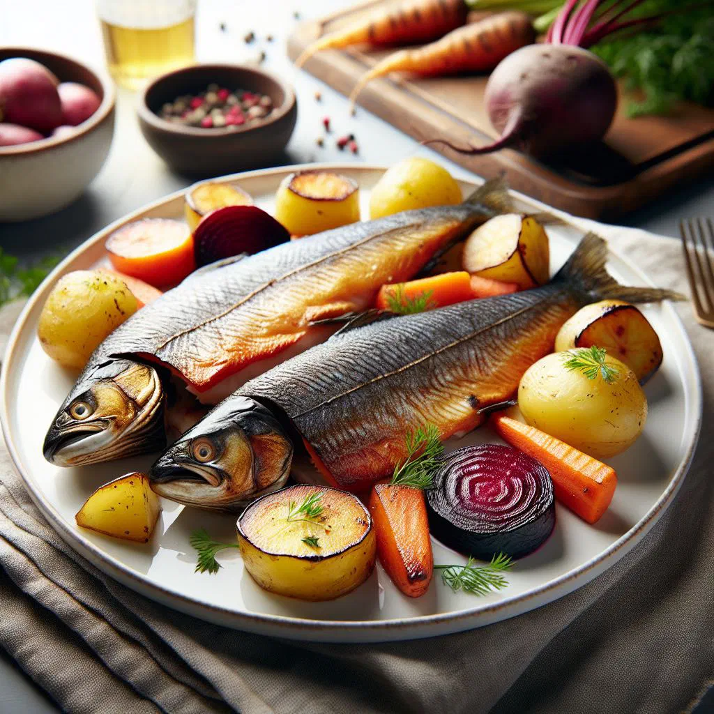 Smoked fish served over sweet potato and yam with fresh herbs