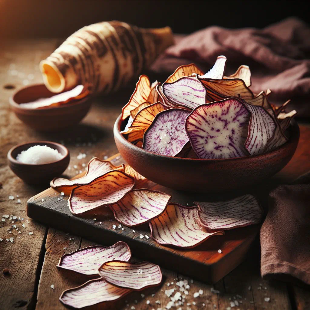 A bowl of crisp golden taro chips sprinkled with sea salt