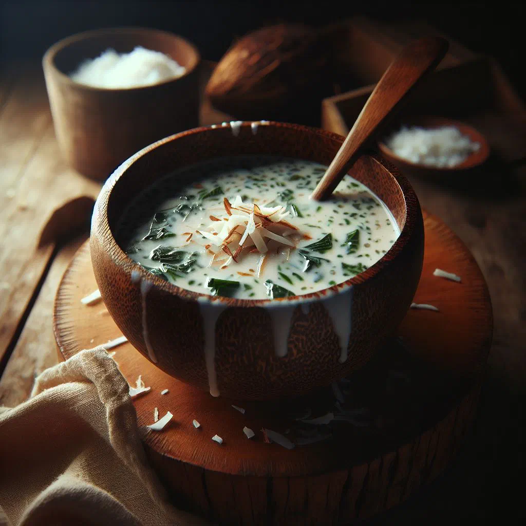 A creamy bowl of taro leaf and coconut soup garnished with fresh coriander