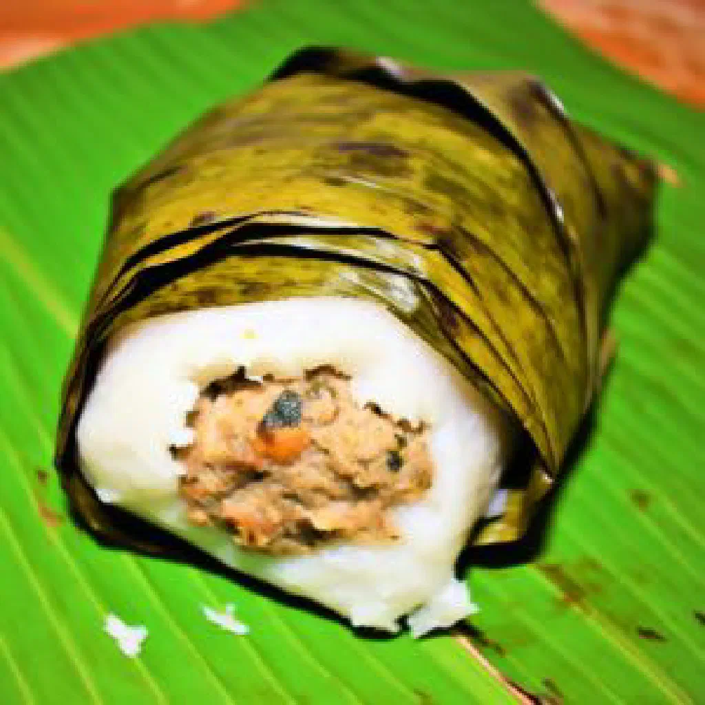 Tuluk parcels of sweet potato and pork steamed in banana leaves