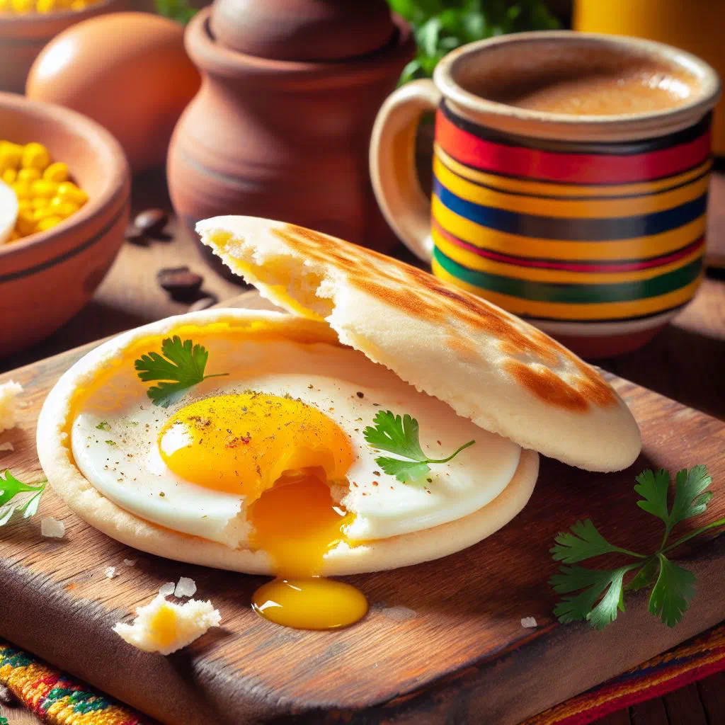 Golden fried arepa de huevo split open to reveal the egg filling