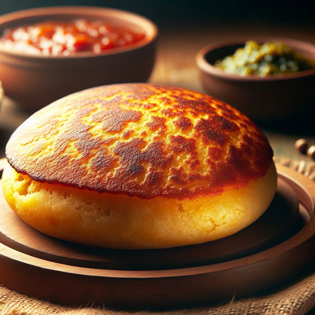 Golden arepas split open and filled with cheese and avocado