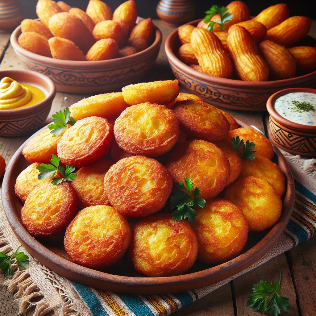 Golden fried cassava fritters served with a sweet syrup dip