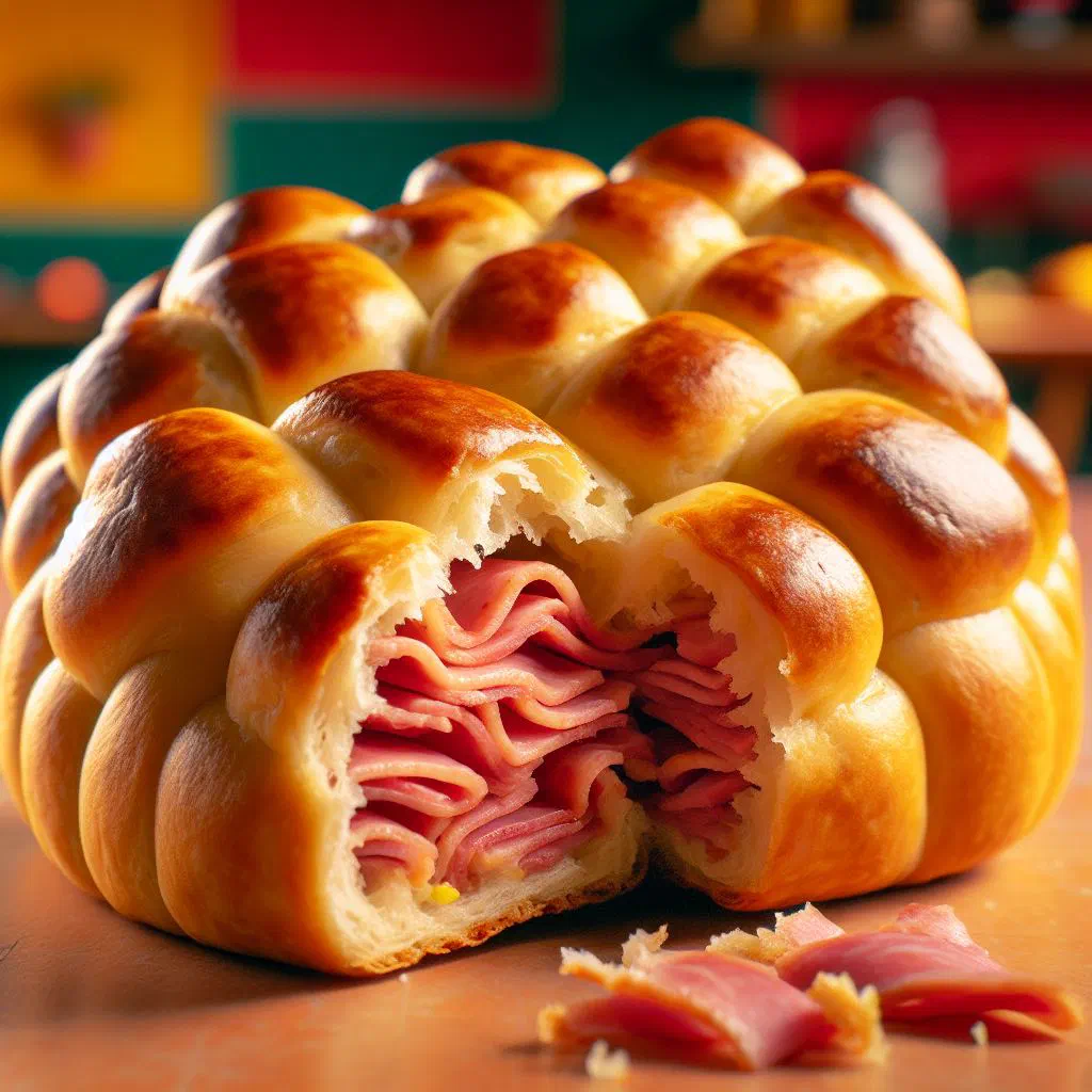 Golden baked cachitos de jamón, crescent-shaped ham pastries on a tray