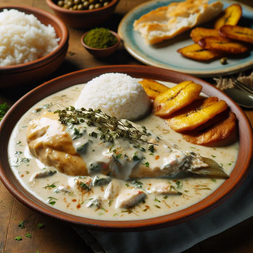 Cazón en coco served in a shallow bowl with creamy coconut sauce and fresh coriander