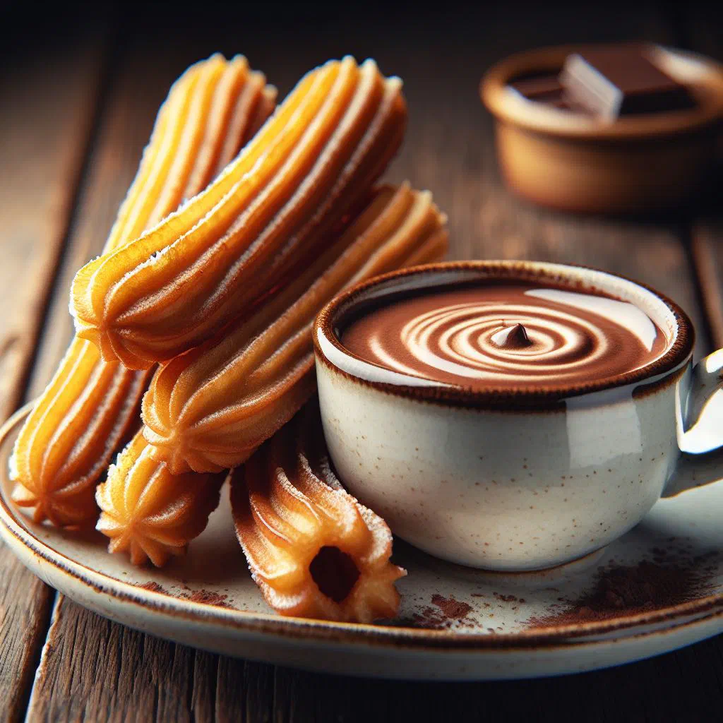 Golden churros dusted with sugar beside a bowl of thick chocolate sauce