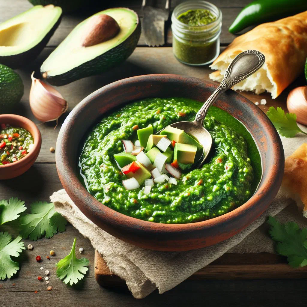 Bowl of creamy green guasacaca avocado sauce with fresh coriander