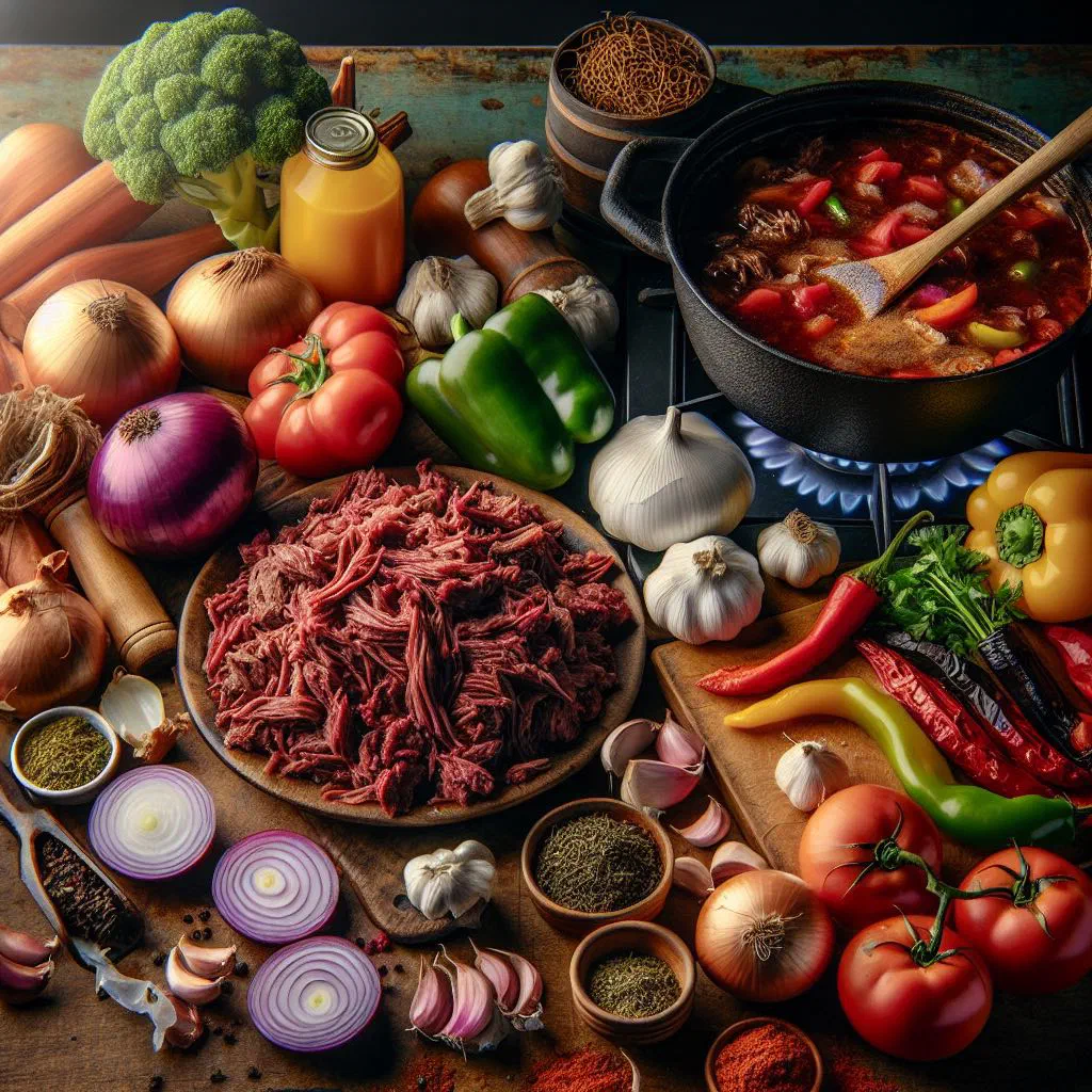 Venezuelan beef stew with carrots and peppers in a rustic bowl
