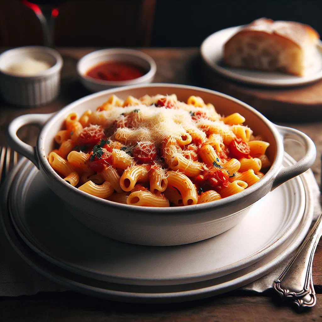 Macarronada pasta in a rich tomato and beef sauce with fresh herbs