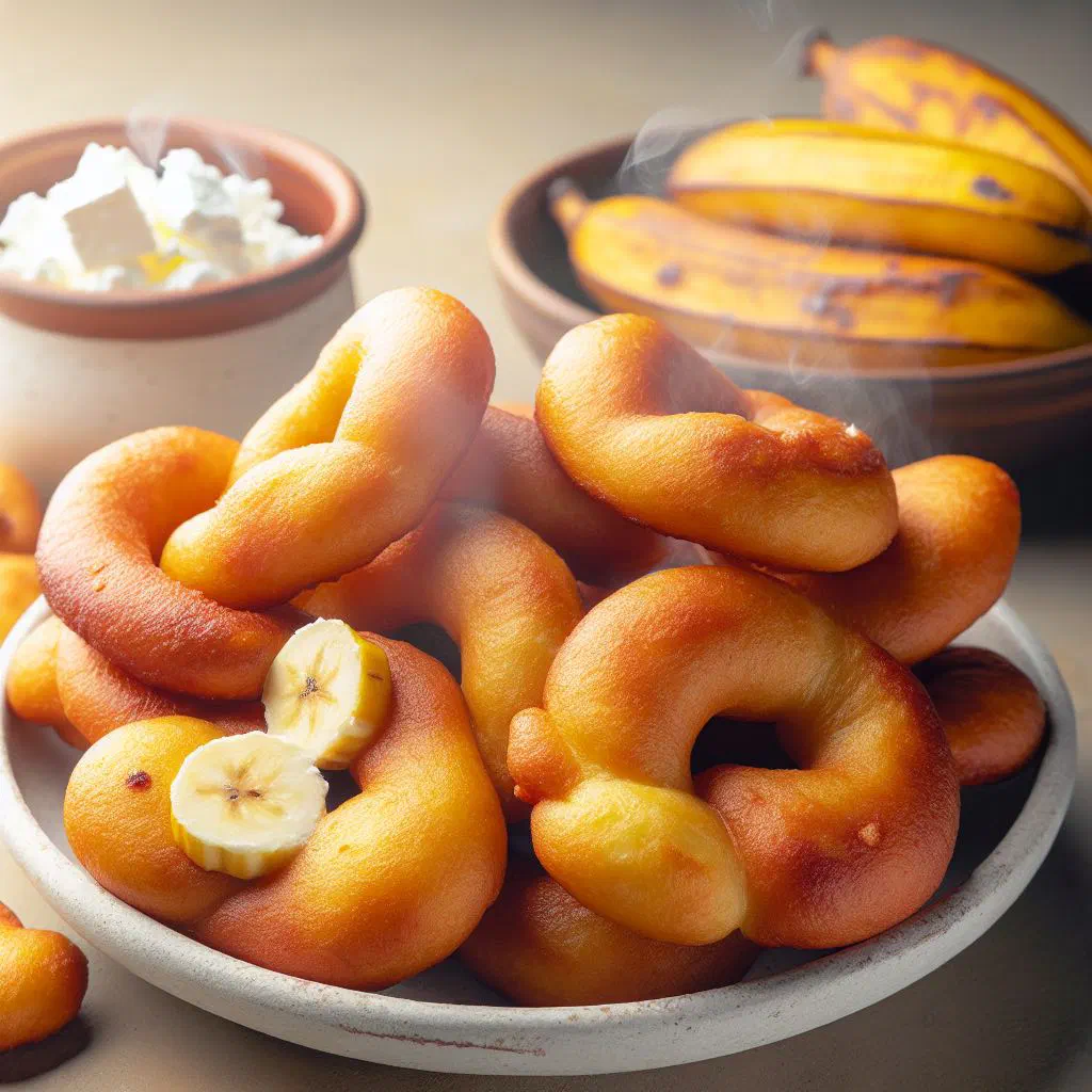Golden fried mandoca rings on a plate with a small bowl of dip