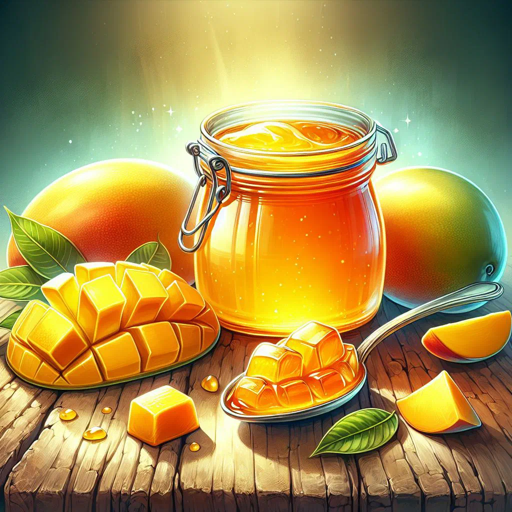 Golden mango jelly in a glass jar with fresh mango slices