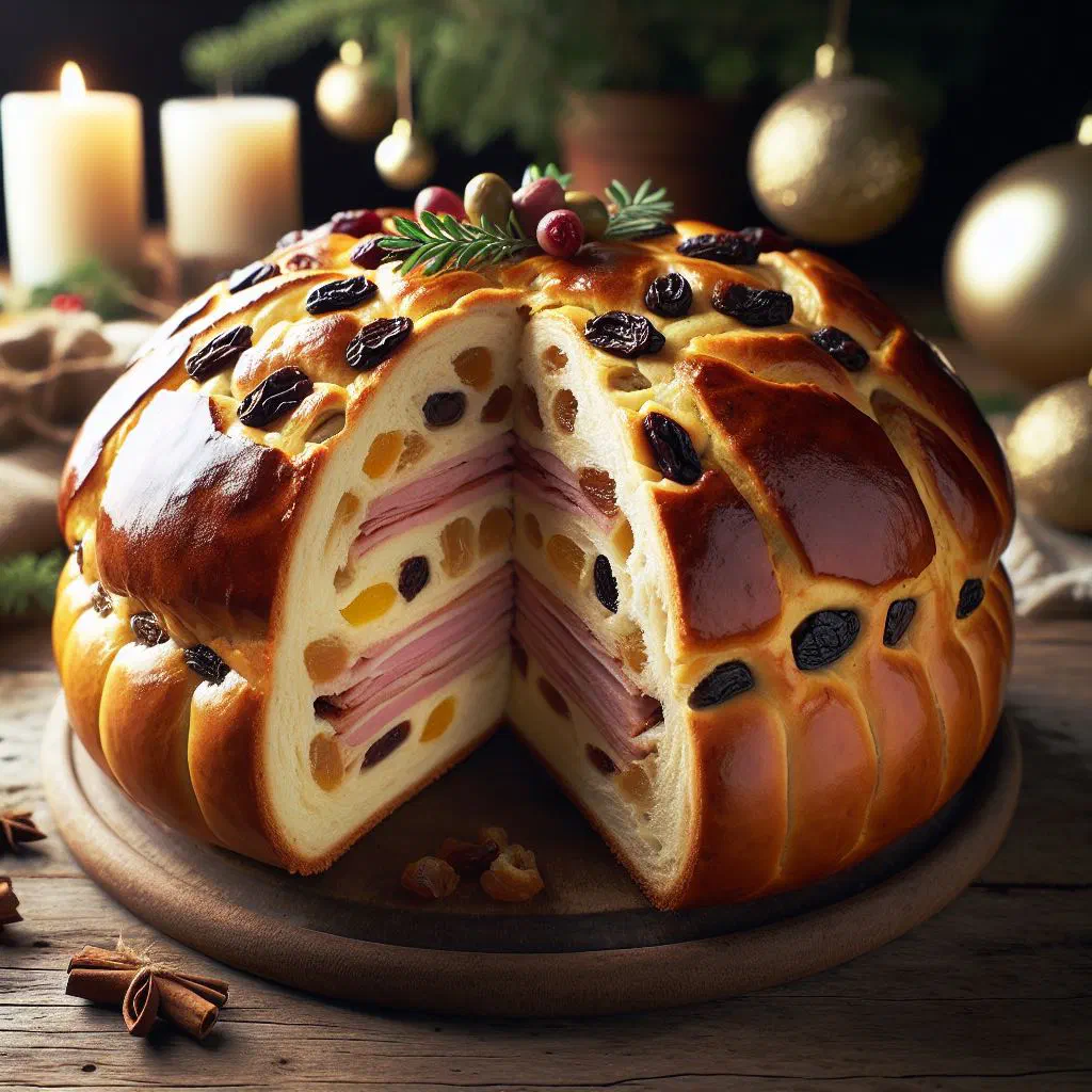 Sliced pan de jamón showing a spiral of ham, olives and raisins