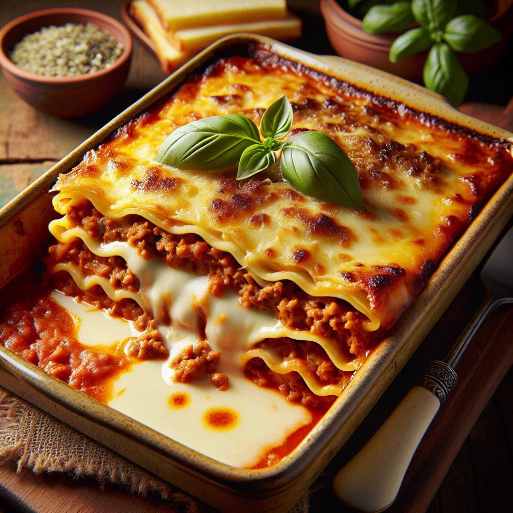 Baked pasticho with layers of pasta, beef sauce and melted cheese