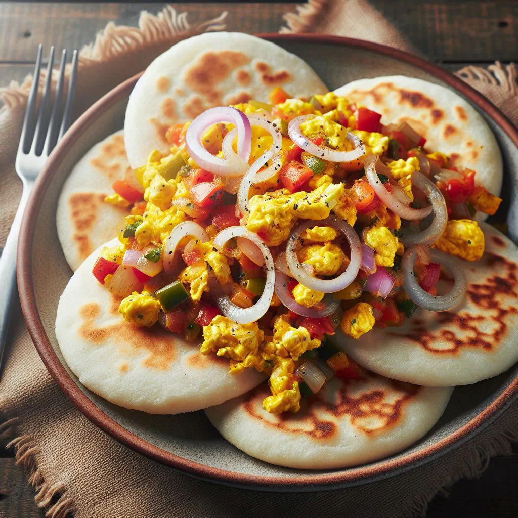 Venezuelan perico scrambled eggs with tomatoes and onions served with warm arepas
