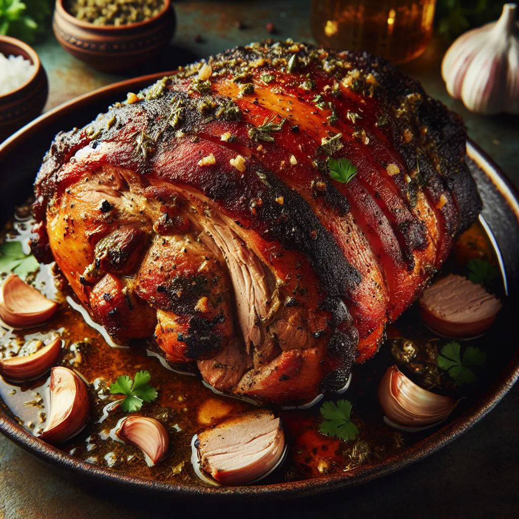Sliced roast pork shoulder with crisp golden crackling on a wooden board