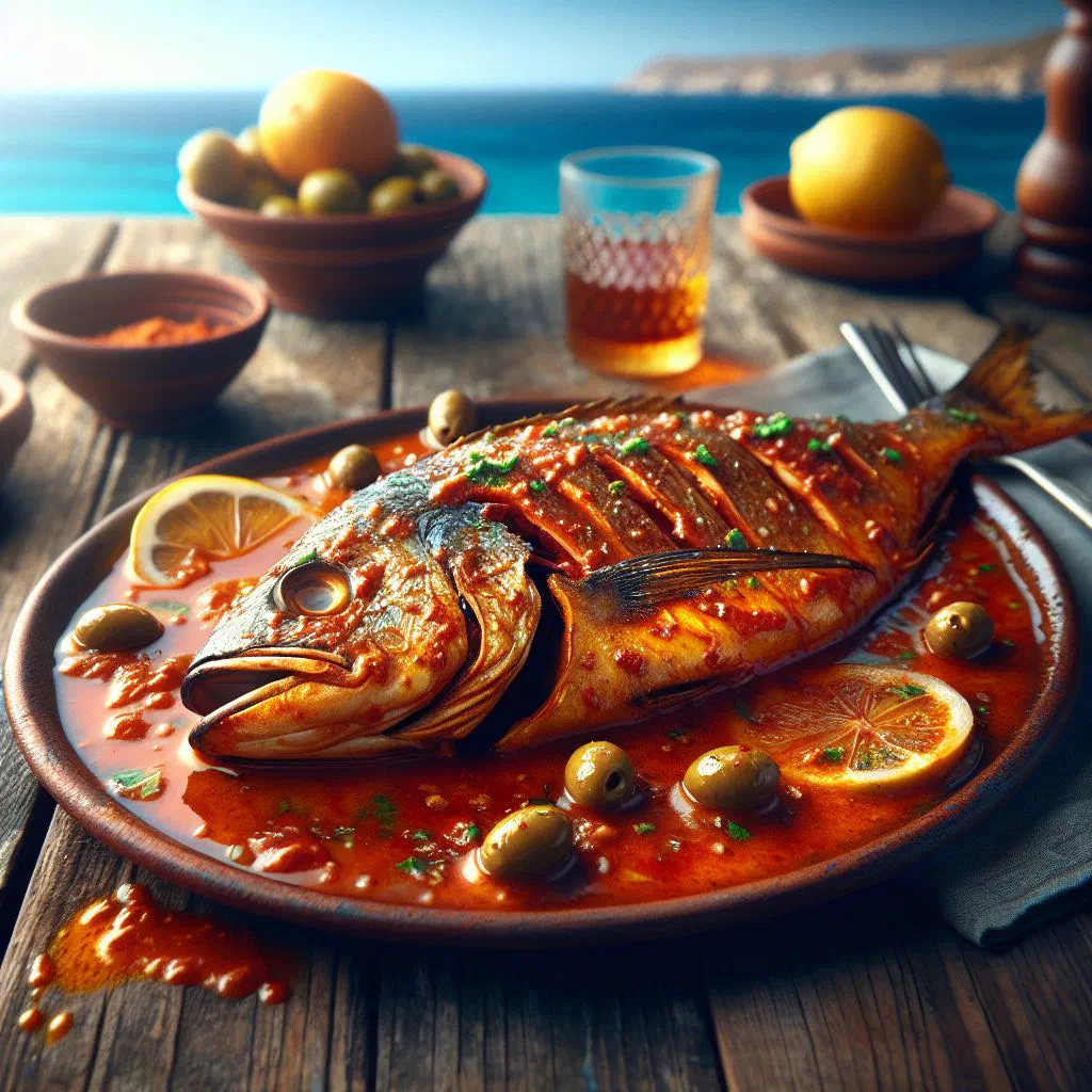 Fish fillets simmered in a tomato and pepper sauce, garnished with fresh coriander