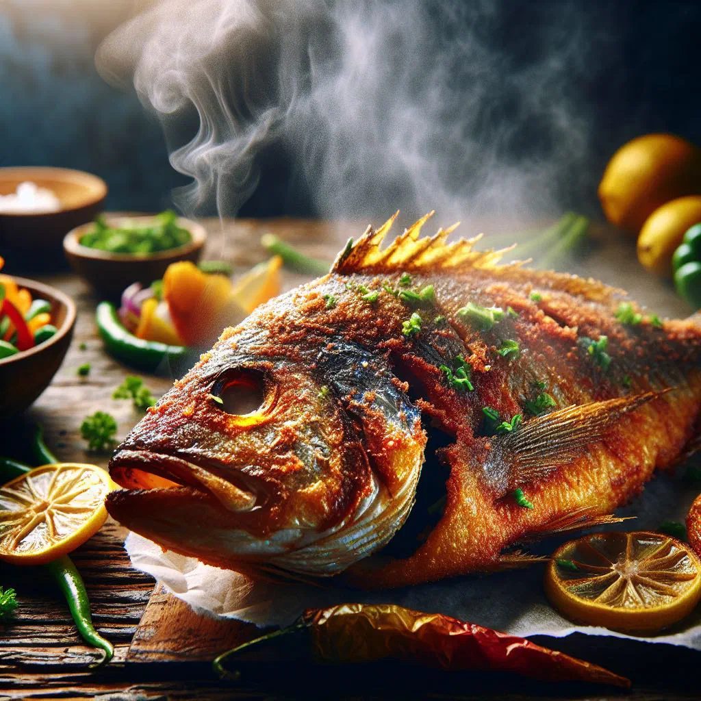 Whole crispy fried fish with lime wedges and fried plantains
